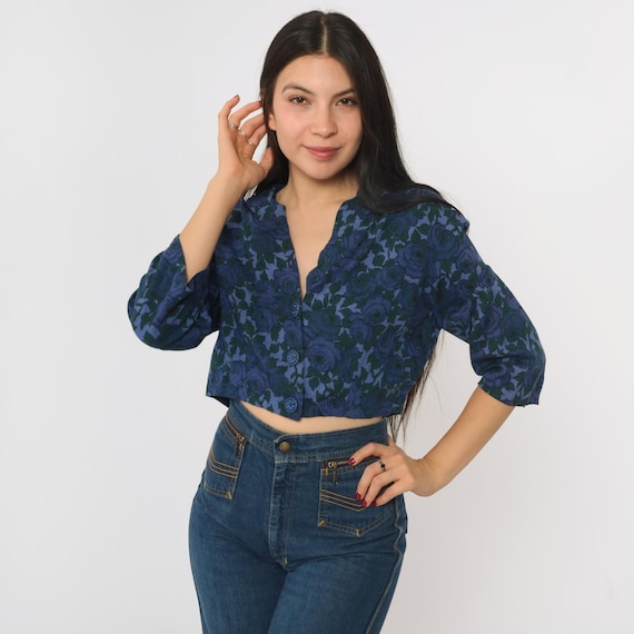 60s Floral Blouse Vintage Dark Blue Mad Men Cropped Shirt Collar Top Button Up Shirt Crop Top 1960s 3/4 Sleeve Preppy Mod Medium M