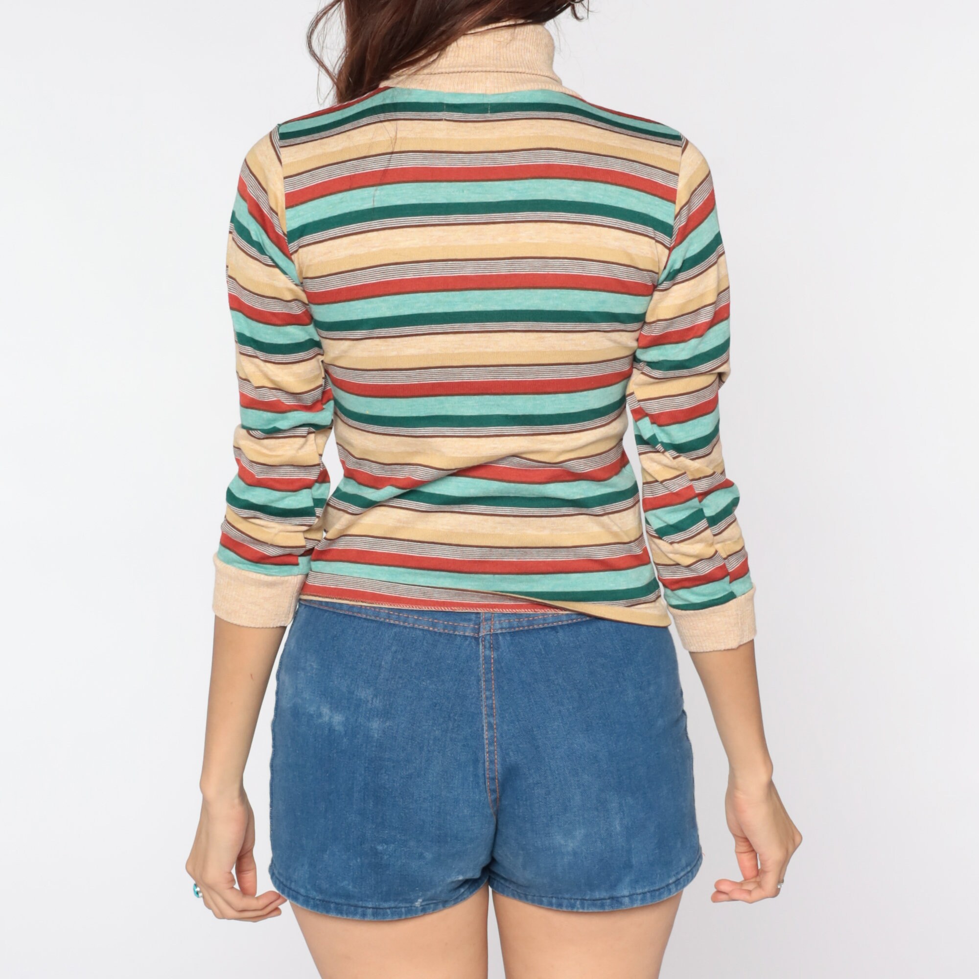 Striped Turtleneck Shirt 70s 80s Shirt Beige Green 3/4 Sleeve Funnel ...