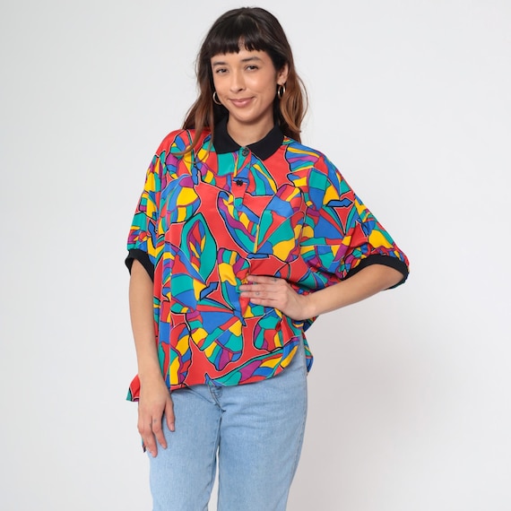 80s Butterfly Polo Shirt Vintage Rainbow Abstract Print Collared Shirt Short Sleeve Top Retro Short Sleeve Half Button Up 1980s Large xl