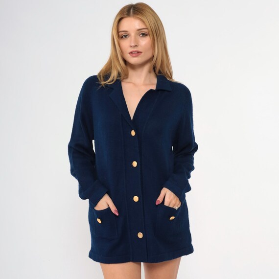 Vintage 70s Navy Blue Cardigan Sweater Boho Gold Button Up Acrylic Collar Pockets 1970s Preppy Retro Medium Large