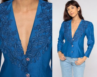 Blue Deep V Neck Blouse -- PUFF SLEEVE Top Crochet Lace Shirt 80s Vintage Blazer Romantic Button up Shirt Bohemian Long Sleeve Small S 4