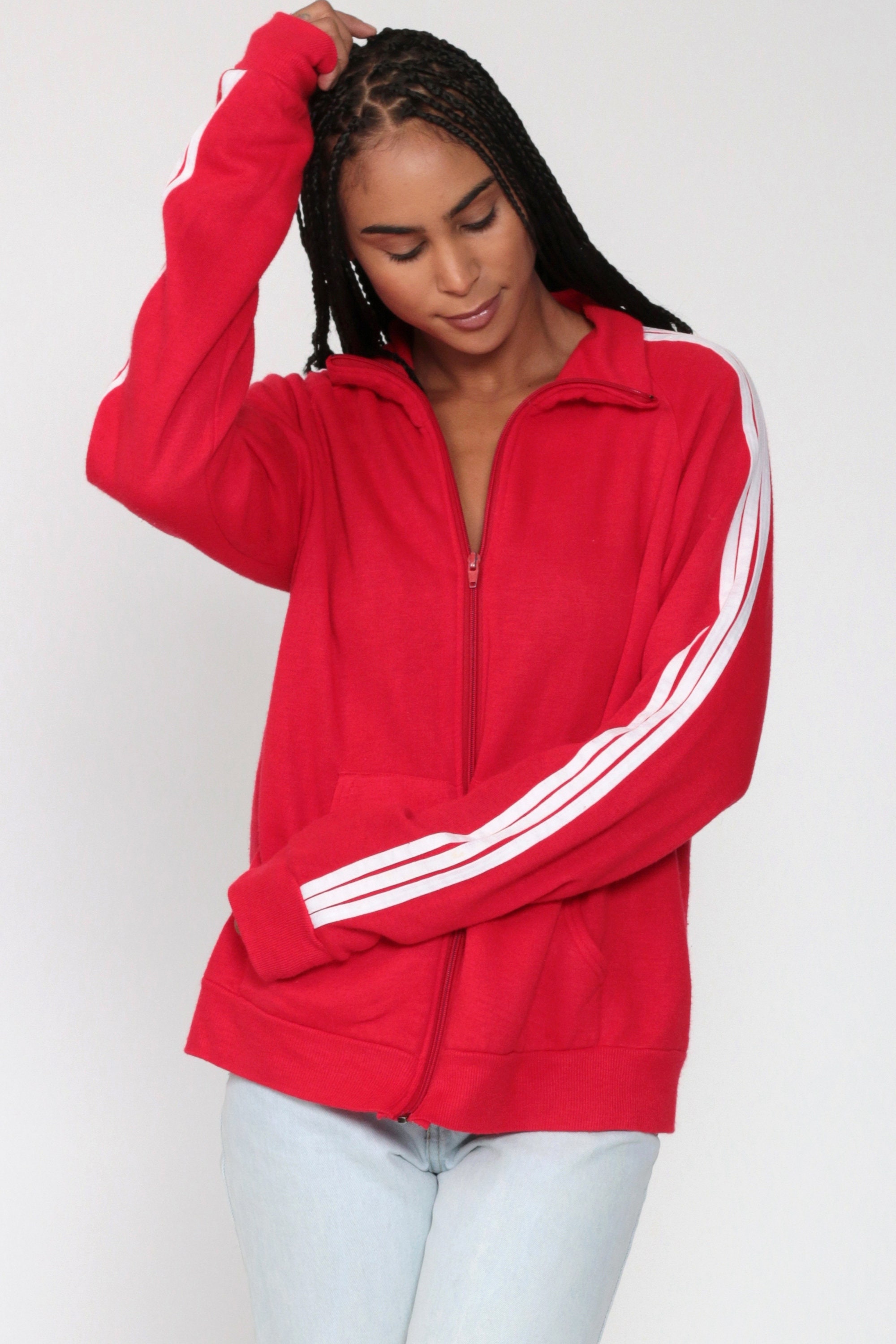Red Track Jacket Zip Up Sweatshirt 80s Striped Collared Jacket Hipster ...