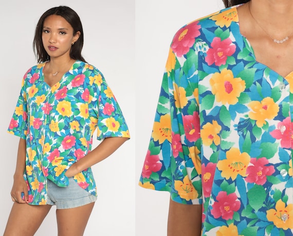 Bright Floral Blouse 90s Scalloped Button Up Shirt Short Sleeve Top Retro Flower Print Summer Vintage Pink Yellow Blue Vintage 1990s Large L
