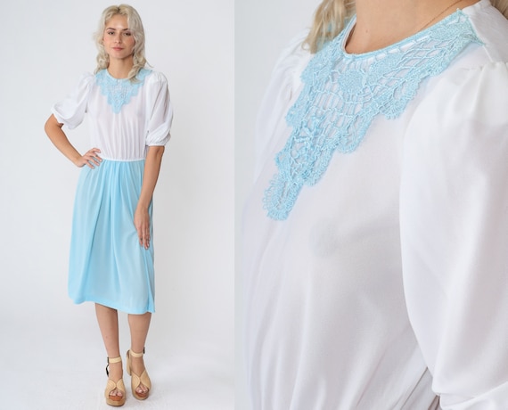 Puff Sleeve Dress 70s Midi Dress Semi-Sheer White Blue Floral Lace Doily Applique High Waisted Day Dress Retro Summer Vintage 1970s Small S
