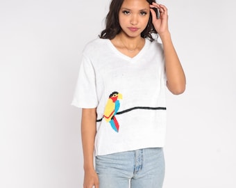 Suéter de loro de los 80, mezcla de algodón blanco, cuello en V, pájaro tropical, tejido de punto, manga corta, top de verano preppy novedoso, talla extra grande XL 14