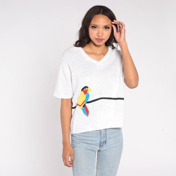 80s Parrot Sweater White Cotton Blend V-Neck Tropical Bird Knit Short Sleeve Summer Preppy Novelty Top Extra Large XL 14