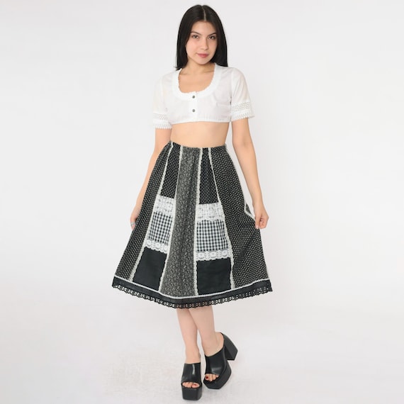 Vintage 70s Floral Prairie Skirt Black Patchwork Tiered Ruffled Lace Midi Skirt High Waisted Polka Dot Boho Hippie Seventies 1970s Small xs