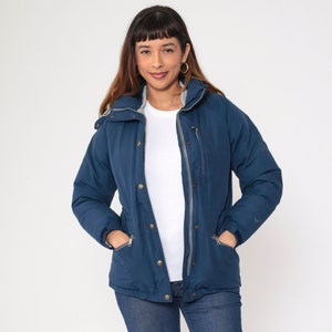 Hooded Ski Jacket 80s Blue Down Fill Puffer Goretex Jacket Zip Up Winter Puffy Coat Basic Plain Skiwear Hood Vintage 1980s LL Bean Small S
