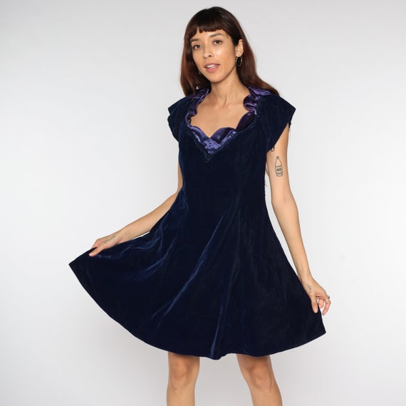 Velvet Party Dress 80s Navy Blue Velvet Ruffle Mi… - image 2