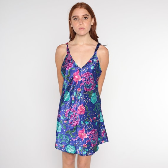 Floral Nightgown Y2k Blue Mini Slip Dress Blue Lingerie Dress Retro Chemise Nightie Sleeveless Sexy Flower Print Vintage 00s Small Medium