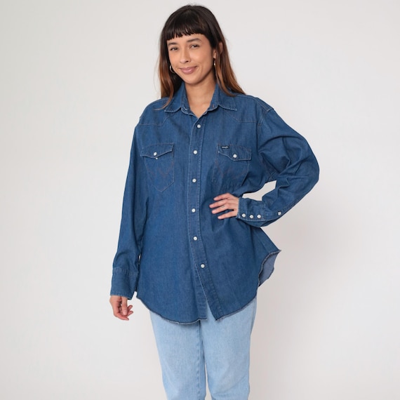 Wrangler Denim Shirt 90s Blue Jean Western Shirt Pearl Snap Top Long Sleeve Button Up Cowboy Rodeo Basic Plain 1990s Vintage Extra Large xl
