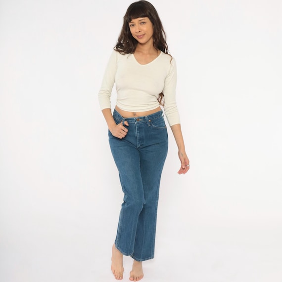 90s Wrangler Jeans High Waisted Straight Leg Denim Pants Blue Cotton Western Cowboy Mom Jean Faded Wash Medium Wash Vintage Trousers Small S