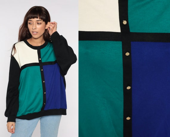 80s Color Block Sweatshirt Black Green Blue White… - image 1