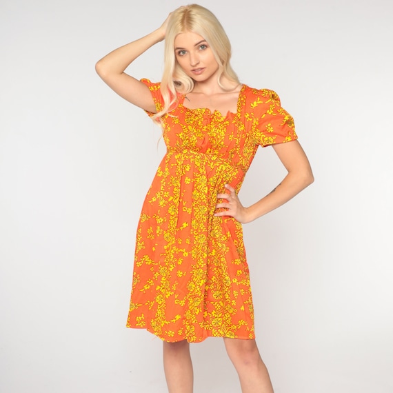 Neon Babydoll Dress 70s Mini Dress Hawaiian Puff Sleeve Boho Floral Peasant 1970s Hippie Bohemian Empire Waist Vintage Orange Small S