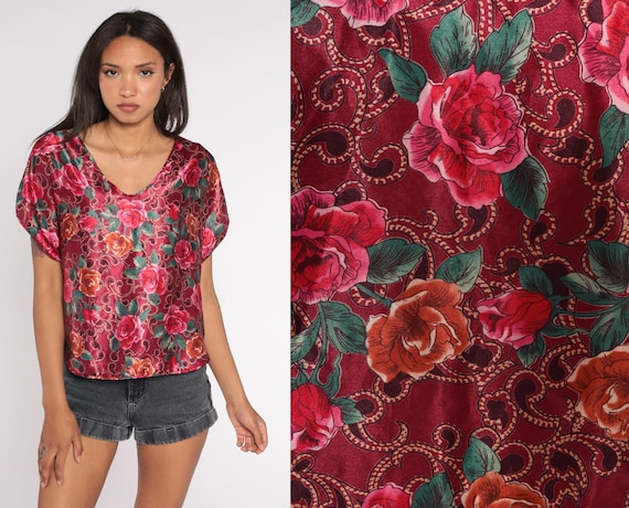 Red Floral Blouse 90s Shiny Top Short Sleeve Boho Silky Retro Bohemian Shirt Scoop Neck Flower Print Summer Hippie Girly Vintage 1990s Small