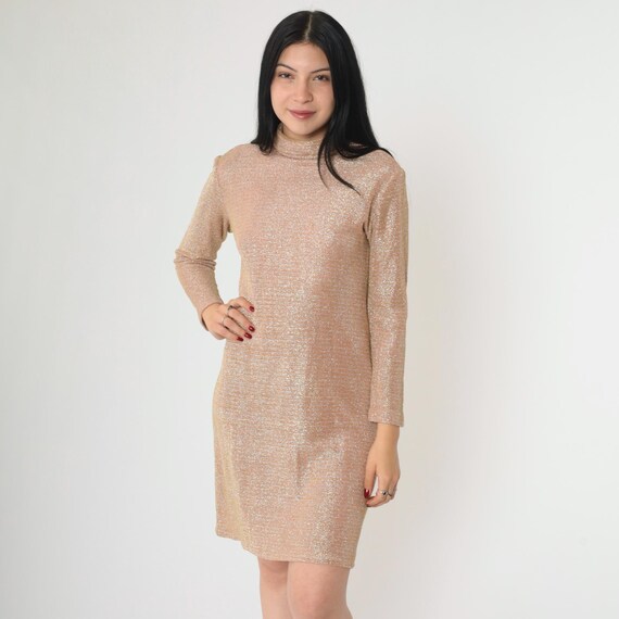 Vintage Metallic Mini Dress 60s 70s Mod Party Dress Silver Gold Sparkly Striped Long Sleeve Cocktail 1960s Shift Retro Evening Small Medium