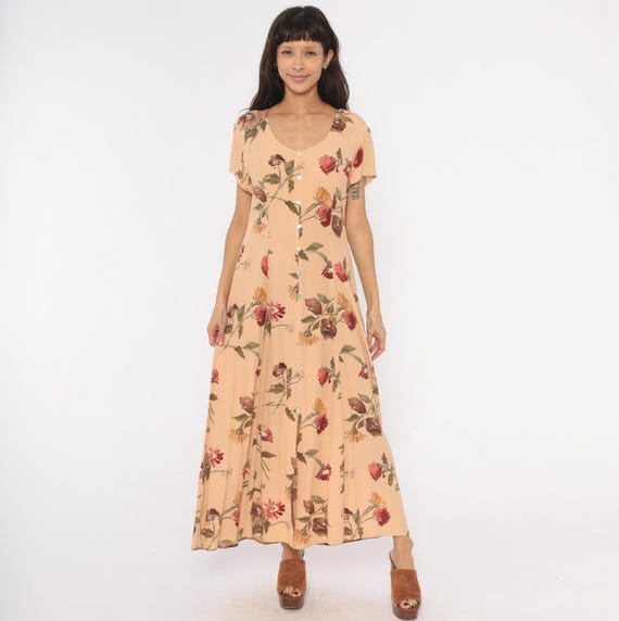 90s Floral Maxi Dress Peach Button Front Scoop Neck Short Sleeve Botanical Print Tan Garden Prairie Summer Ankle Length Vintage Large L