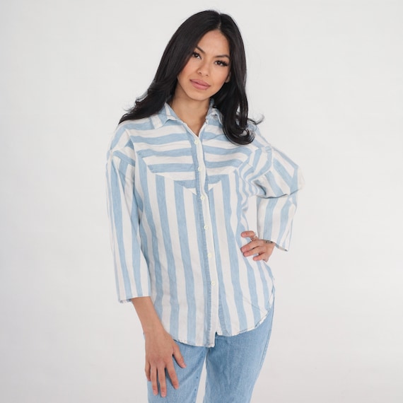 Striped Blouse 90s Blue White Button Up Shirt Retro 3/4 Sleeve Preppy Basic Casual Collared Cotton Top Vertical Stripes Vintage 1990s Medium