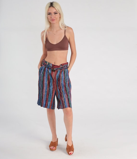 Wide Leg Shorts 90s Striped Shorts Baggy Vintage High Waist Rayon Watercolor Bermuda Shorts Boho 1990s Bohemian Green Blue Red Medium