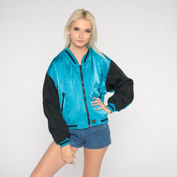 90s Windbreaker Blue Black Color Block Zip Up Bomber Jacket Plain Retro Track Jacket Nylon Shell Normcore Light Vintage 1990s Swatch Medium