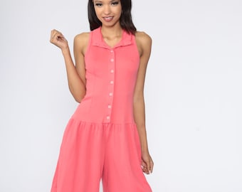 80s Romper Playsuit Pink Summer One Piece Jumpsuit Shorts Cotton Sleeveless 1980s Button Up Vintage High Waist Tank Extra Small xs s
