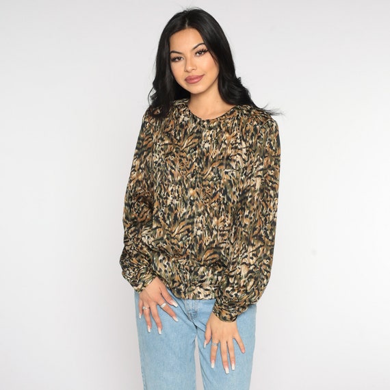 Animal Print Blouse Button Up Shirt 90s Tiger Print Blouse Long Sleeve Shirt 1990s Retro Leopard Spot Stripe Vintage Large 14