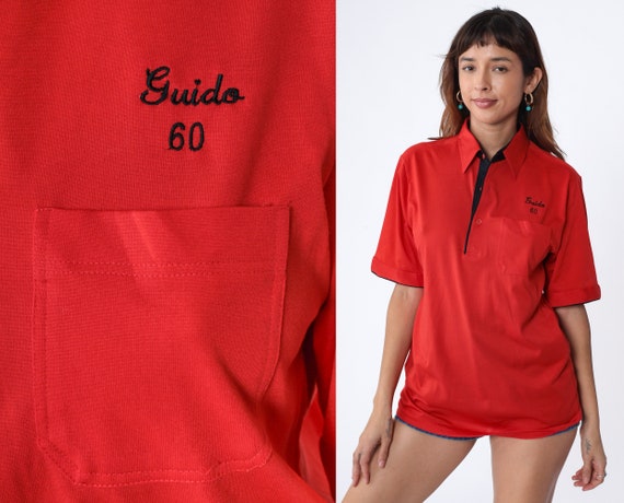 80s Uniform Shirt Red Polo Bowling Shirt Guido Name Embroidered 60 Half Button Up Bowler Top Short Sleeve Collared Vintage 1980s Mens Medium