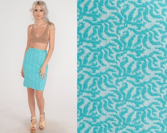 Bright Blue Skirt 60s Mini Skirt Skirt High Waisted Pencil Wiggle Skirt Floral Print Retro 1960s Hippie Bohemian Knit Vintage 1960s XS