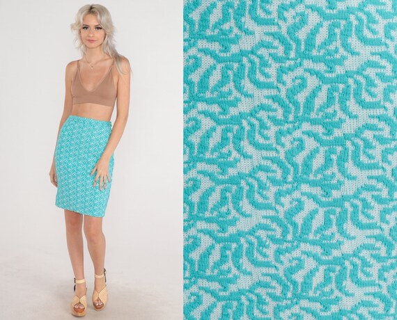 Bright Blue Skirt 60s Mini Skirt Skirt High Waisted Pencil Wiggle Skirt Floral Print Retro 1960s Hippie Bohemian Knit Vintage 1960s XS