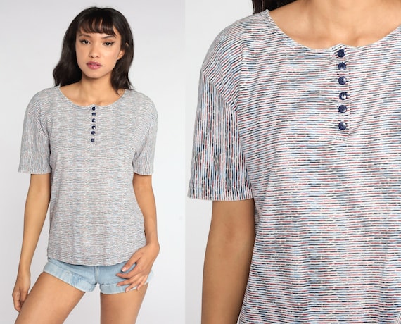 80s Striped Shirt -- White Blue Shirt Henley Button Up Retro Tee Vintage Short Sleeve Burgundy Large L