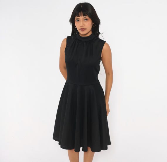 70s Black Mock Neck Dress Sleeveless Fit Flare A Line Circle Skirt Knee Length Corporate Goth Dark Academia Vintage Medium M
