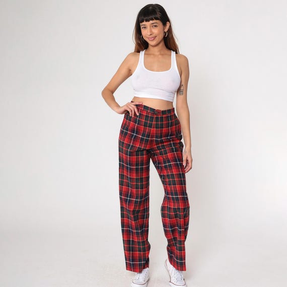 80s Red Plaid Pants Tartan Straight Leg Slacks Checkered Wool Blend Trousers High Waisted Retro Preppy Academia Vintage 1980s Women's Medium