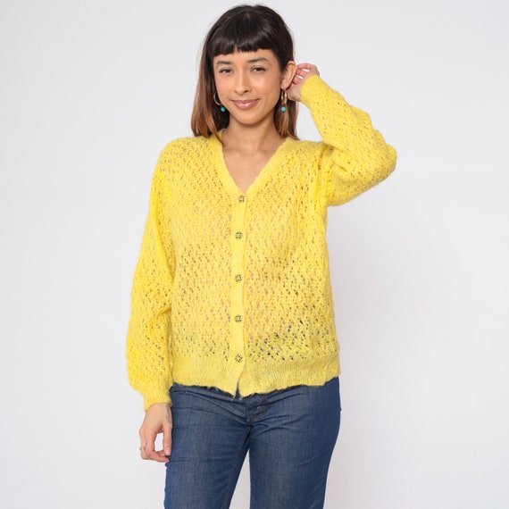 Sheer Yellow Cardigan 80s Knit Button Up Sweater Cutout Open Weave Cut Out Retro Spring Grandma Acrylic Boho Hippie Vintage 1970s Medium M