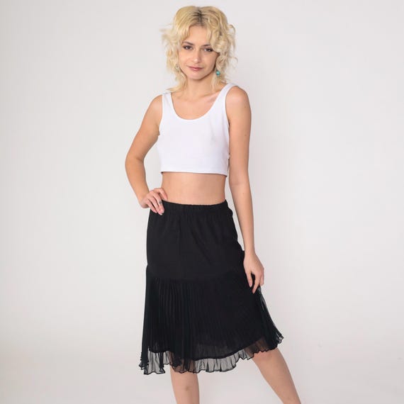 Black Chiffon Skirt 90s Midi Skirt High Elastic Waist Retro Party Plain Simple Going Out Skirt Gothic Vintage 1990s Extra Small xs 2