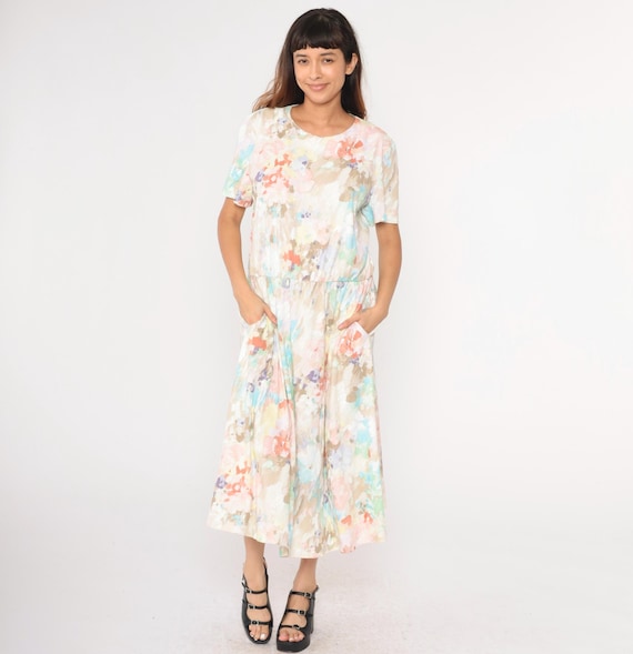 Vintage Floral Midi Dress 80s Pastel Watercolor Blouson 1980s High Elastic Waist Pockets Romantic Pink Brown Blue Short Sleeve Large
