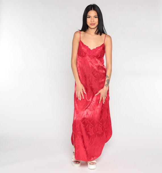 Red Satin Nightgown Slip Dress Embossed Maxi Lingerie… Gem