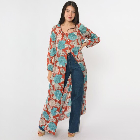 70s Floral Robe Maxi Lingerie Jacket Vintage Rust Orange Blue Bohemian Long Button Up Split Front Robe Boho 1970s Long sleeve Medium Large