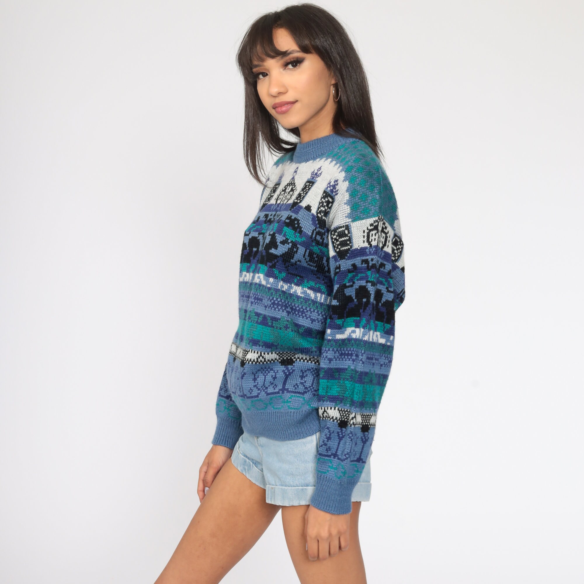 80s Geometric Sweater Blue Print Knit Jumper 90s Statement Sweater ...