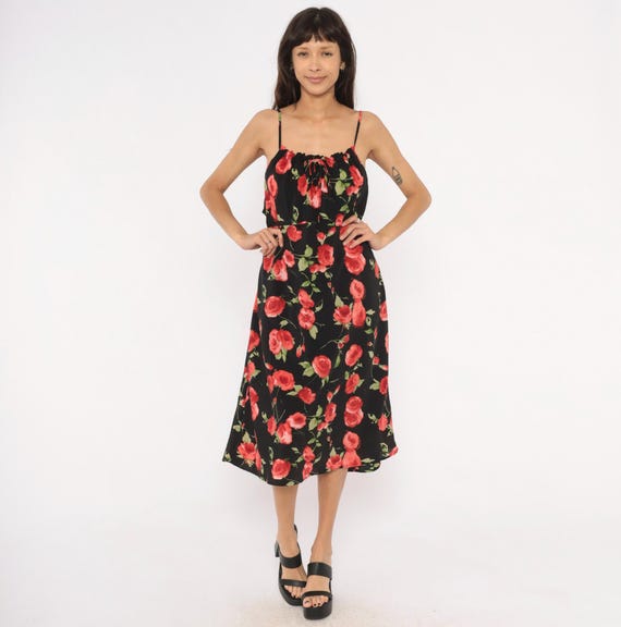 90s Rose Print Slip Dress Black Floral Midi Spaghetti Strap Low Back Drawstring Neckline Gathered Bust Red Sleeveless Vintage Extra Large XL