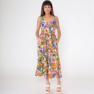 90s Banana Republic Floral Dress Vintage Multicolor Sleeveless Midi Dress with Belt 1990s Fit and Flare High Waist Full Skirt Small 6