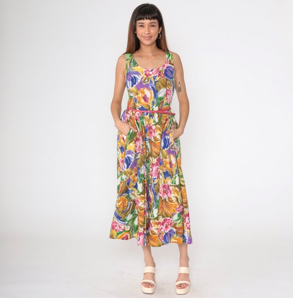 90s Banana Republic Floral Dress Vintage Multicolor Sleeveless Midi Dress with Belt 1990s Fit and Flare High Waist Full Skirt Small 6