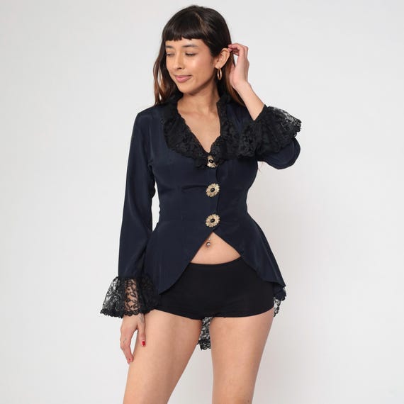 Romantic Goth Top 90s Black Lace Cropped Blouse Long Sleeve Ornate Pearl Button Front Victorian Pirate Vampire Coquette Vintage Small S