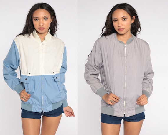 Baby Blue Windbreaker 80s REVERSIBLE Jacket Baby Blue White Color Block Grey Retro Striped Bomber Athletic Jacket Vintage 1980s Small Medium