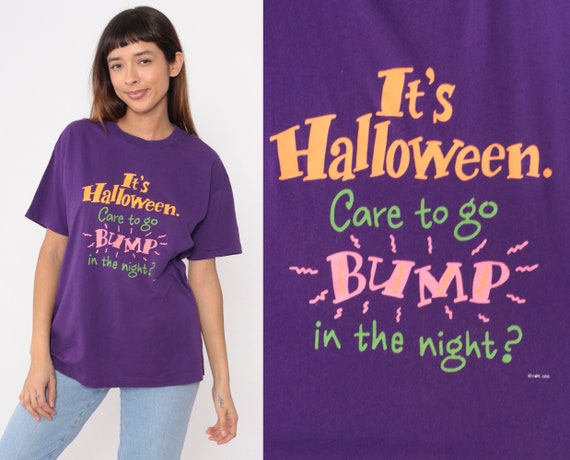 Hallmark Halloween Shirt 90s Care To Go Bump In The Night T-Shirt Graphic Tee Spooky Joke TShirt Vintage 1990s Purple Medium Large