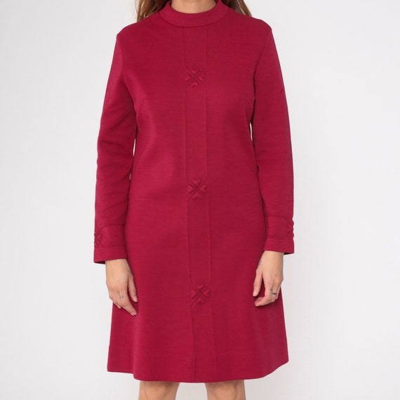 Burgundy Shift Dress 60s 70s Heart Wool Blend Mod… - image 8
