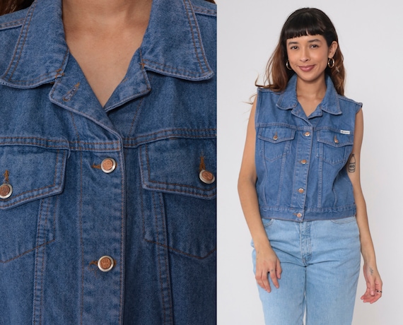 Cropped Denim Vest Top 90s Blue Jean Shirt Bill Blass Sleeveless Jean Shirt Biker Top Button Up Crop Top Vintage 1990s Cotton Medium M