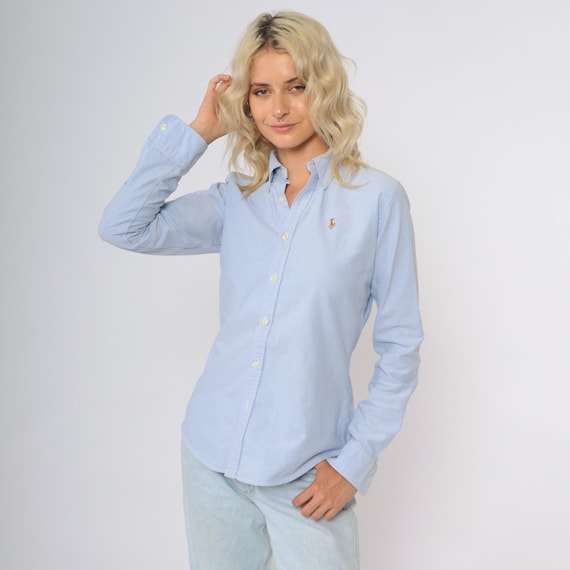 Ralph Lauren Shirt Button Up 90s Grunge Shirt POLO Oversized Cotton OXFORD Chambray Light Blue 1990s Long Sleeve Vintage Extra Small XS