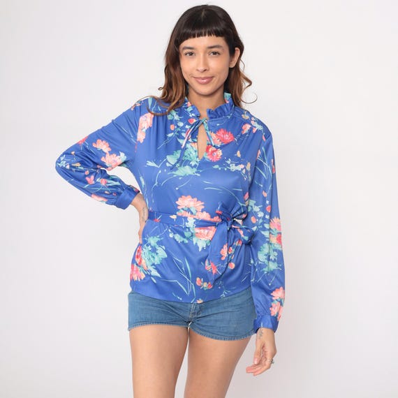70s Blue Floral Blouse Ruffle Neck Tie Closure Long Sleeve Belted Waist Keyhole Pink Peach Fairycore Coquette Medium M