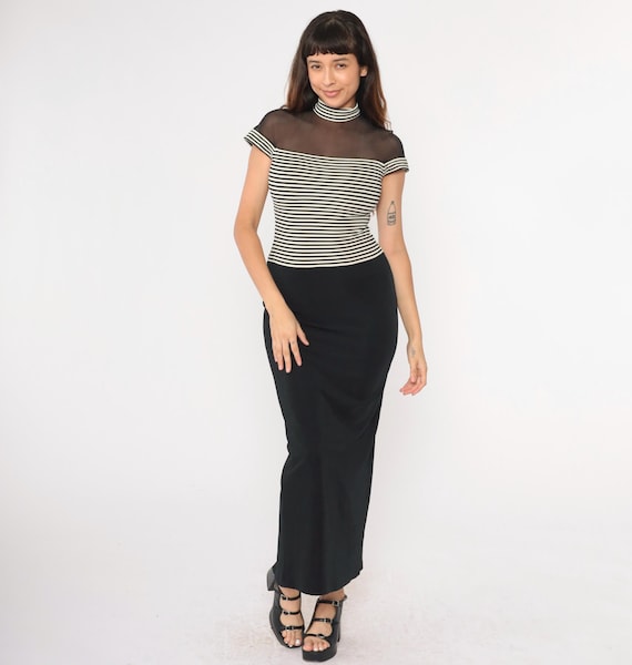 90s Bodycon Maxi Dress Sheer Mesh Illusion Neckline Black White Striped Party Dress 1990s Back Slit Cocktail Mock Neck Vintage Small 4
