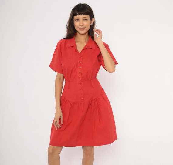 90s Red Shirtdress Cotton Collared V Neck Drop Waist Gathered Skirt Scarlet Cherry Summer Tomato Girl Prairie Vintage Dress Medium M